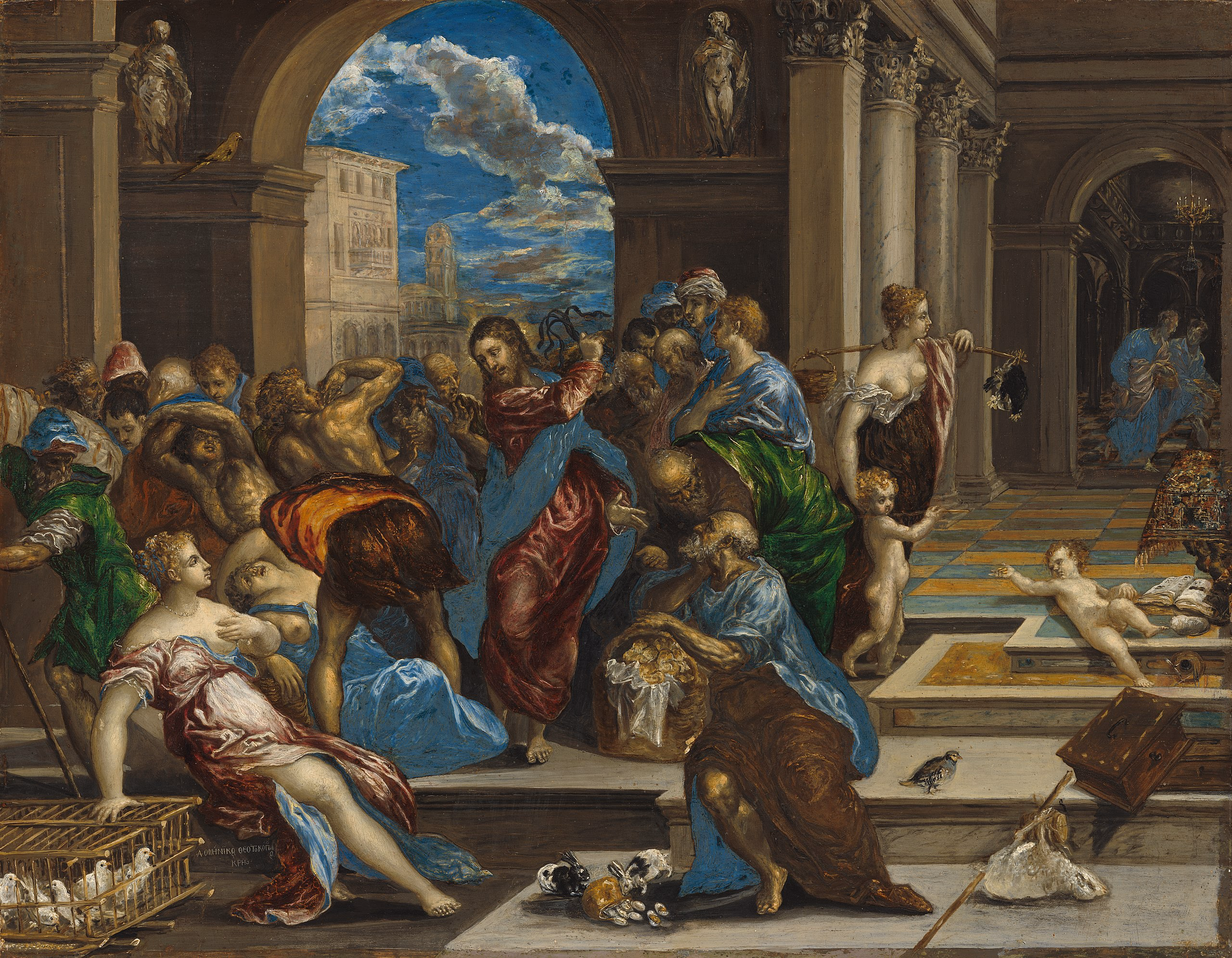Painting depicts a crowd of people in a temple courtyard with Jesus driving out the merchants. Jesus, in a red robe and blue shawl, raises a whip above his head. A woman in a red dress reclines near a cage of white doves. A man in a blue robe counts coins. Two nude babies play near a raised platform. In the background, a woman carries a basket on her head. The courtyard is framed by marble columns and arches. A blue sky is visible through the arches. Statues adorn the tops of the columns.