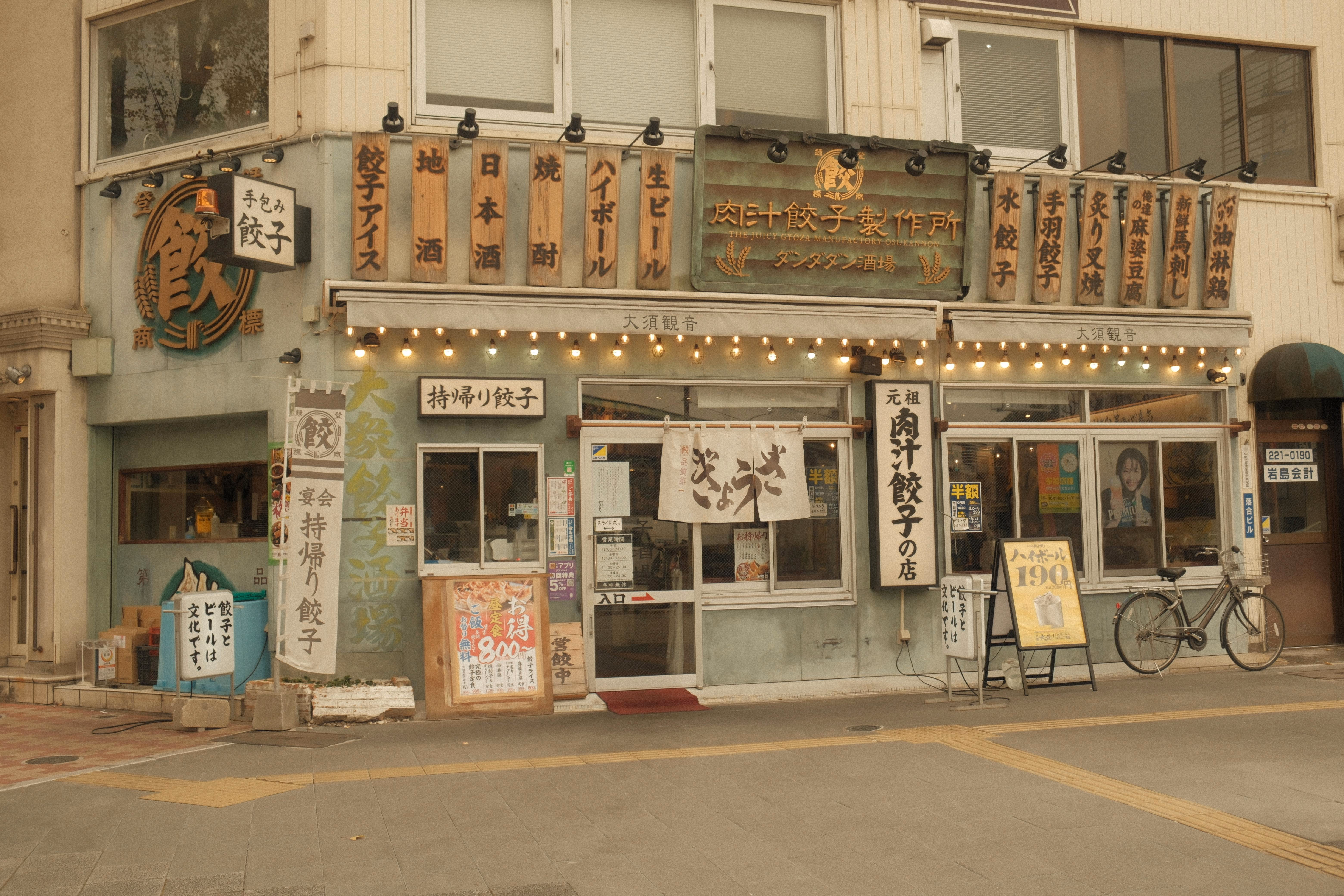 A restaurant storefront has a pale green facade with Japanese signage and a bicycle parked outside. Signs read "手包み餃子" (handmade dumplings), "餃子アイス" (dumpling ice cream), "地酒" (local sake), "日本酒" (Japanese sake), "焼酎" (shochu), "ハイボール" (highball), and "生ビール" (draft beer). A large sign reads "肉汁餃子製作所 タンタタン酒場" (Juicy Dumpling Factory Tantatan Tavern). A sign in front of the entrance reads "持帰り餃子" (takeout dumplings). A white curtain with black writing hangs in the doorway. A sandwich board advertises highballs for 190 yen.
