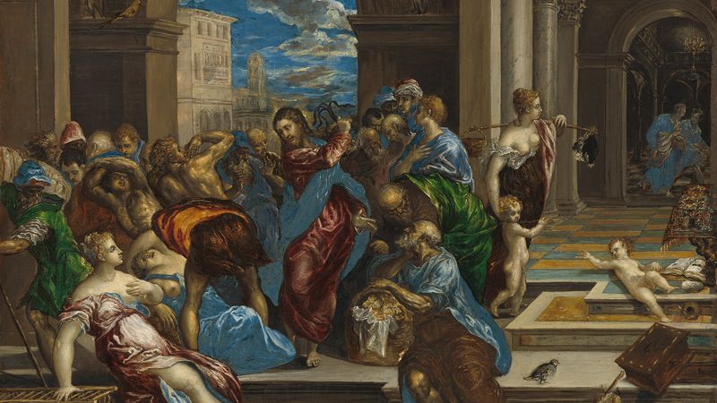 Painting depicts a crowd of people in a temple courtyard with Jesus driving out the merchants. Jesus, in a red robe and blue shawl, raises a whip above his head. A woman in a red dress reclines near a cage of white doves. A man in a blue robe counts coins. Two nude babies play near a raised platform. In the background, a woman carries a basket on her head. The courtyard is framed by marble columns and arches. A blue sky is visible through the arches. Statues adorn the tops of the columns.