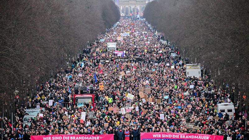 A large crowd of people fills a wide street lined with bare trees, stretching towards the Brandenburg Gate in the distance. Two pink banners in the foreground read, "WIR SIND DIE BRANDMAUER - KEINE ZUSAMMENARBEIT MIT DER AFD!"